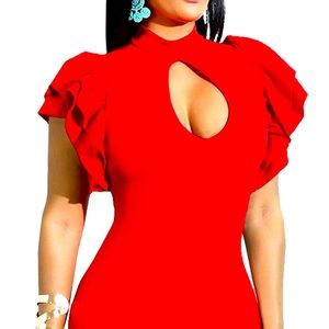 Body-con ruffle-sleeve mini dress with cutout